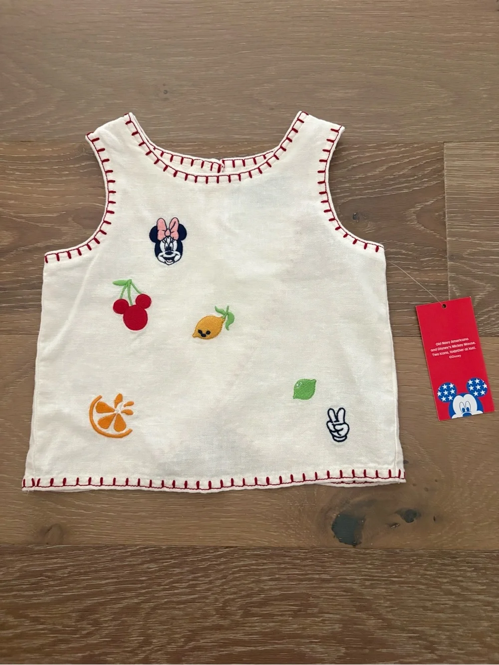 NWT Cream Sleeveless Embroidered Kids Top with Red Trim; 12-18 months